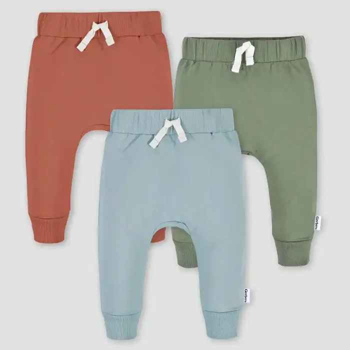 Gerber Baby 3pk Jogger Pants – Blue 6-9M Cotton & Spandex Blend, Elastic Leg Openings, Pull-On Waist, Knit Fabric