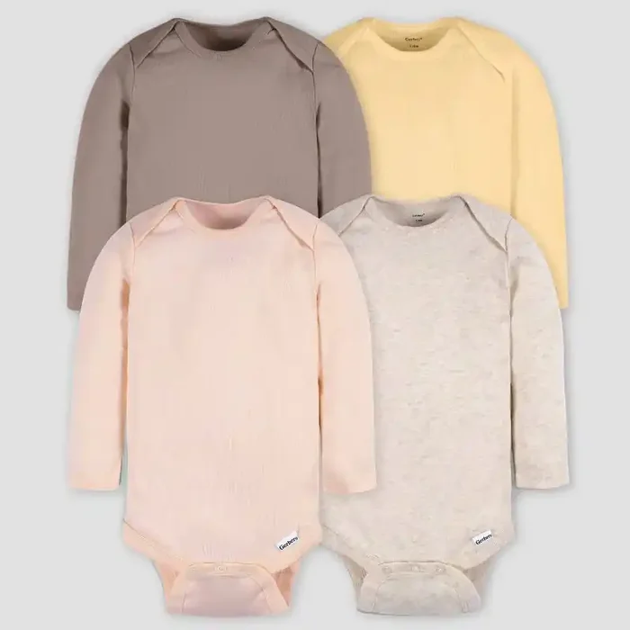 Gerber Baby 4pk Long Sleeve Onesies – Pink/Beige/Yellow 3-6M Cotton Knit Bodysuits, Pullover & Crotch Snap, Machine Washable
