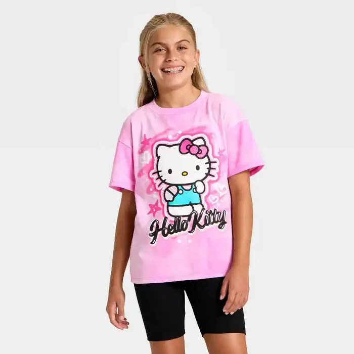 Girls‘ Hello Kitty Short Sleeve Oversized Graphic T-Shirt – Pink M