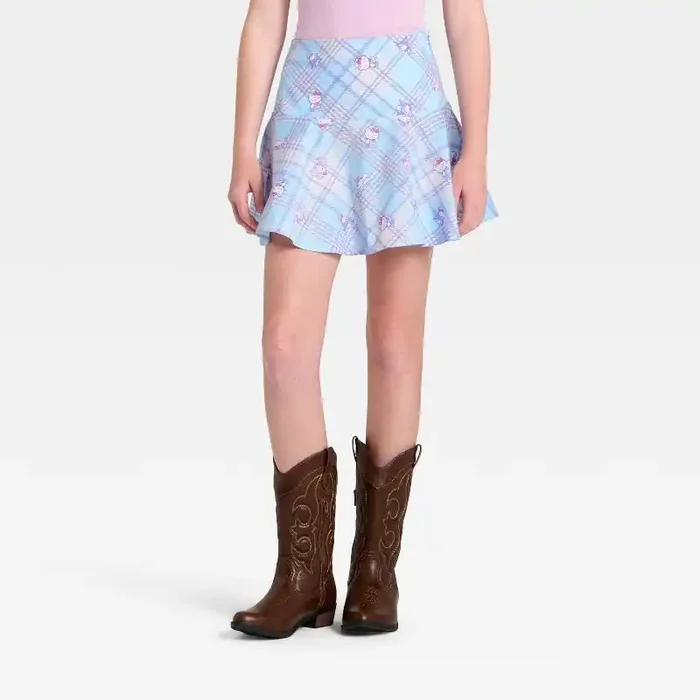 Girls‘ Sanrio Hello Kitty & Friends Plaid Chambray Skirt – Light Blue M