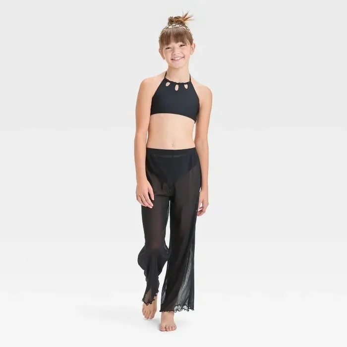 Girls‘ Solid Paradise Cove Bikini Set – art class™ Black L UPF 50+, Recycled Polyester, 3-Piece