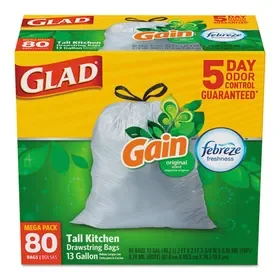Glad CLO78900 OdorShield Tall Kitchen Drawstring Bag Value Pack, 13 gal, Gain Original Scent, 24″ x 27.38″, White, 80 Bags/Box, 3 Boxes/CT, Price/CT