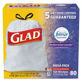 Glad CLO78902BX OdorShield Tall Kitchen Drawstring Bags, 13 gal, Lavender Breeze Scent, 24″ x 27.38″, White, 80/Box, Price/BX