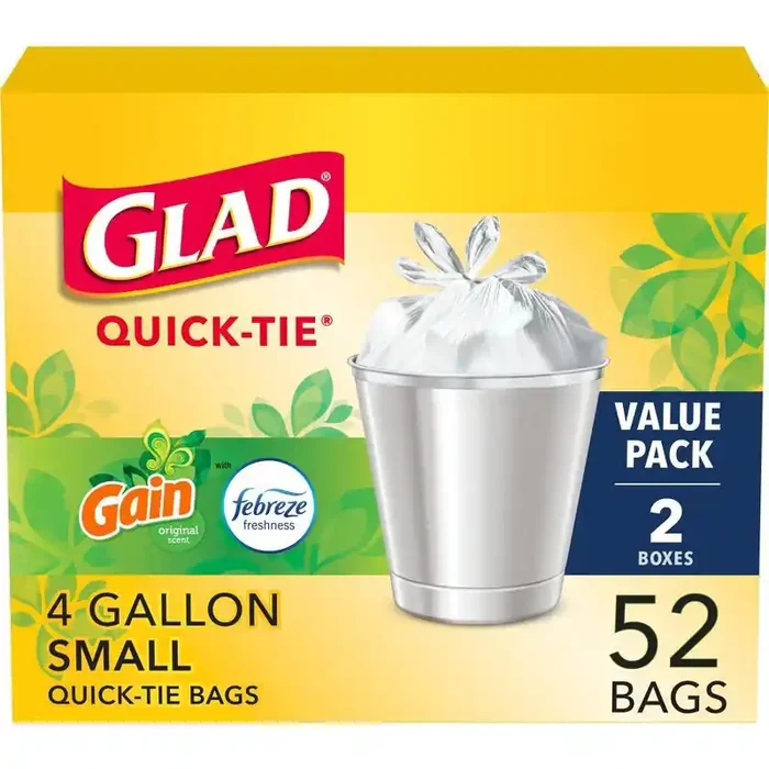 Glad Small Quick Tie Trash Bags – Gain Original – 4gal/52ct