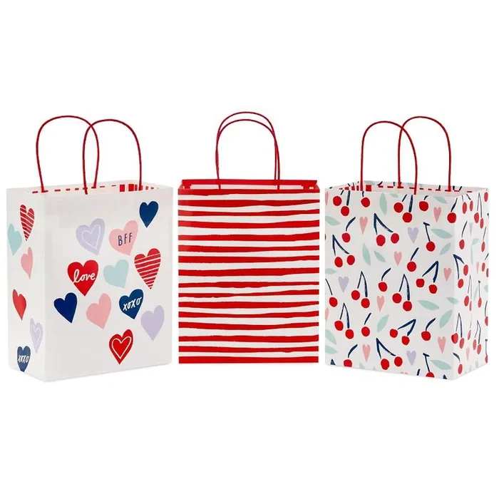 Hallmark Valentine‘s Day Medium Gift Bag Bundle (Hearts, Stripes and Cherries)