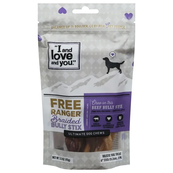 I and Love and You Free Ranger Bully Stix Braided Beef Dog Treat 3 ea