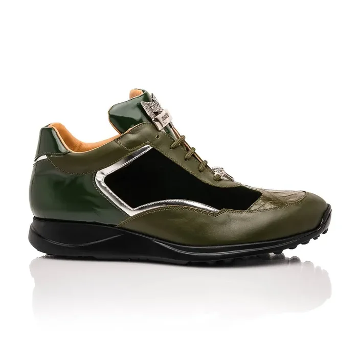 Mauri Goldie in Money Green Mens Exotic Crocodile / Velvet / Nappa / Patent Leather Sneakers