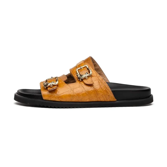 Mauri Reef in Toffee Mens Exotic Alligator / Ostrich Leg Slip-on Sandals