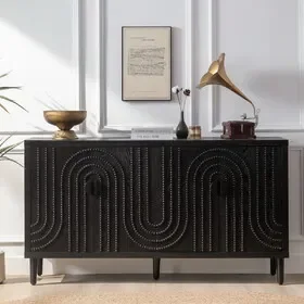 Modern Black Sideboard Cabinet with Decorative Nailhead Accents, Stylish Storage Solution for Dining & Living Rooms W2729P198993