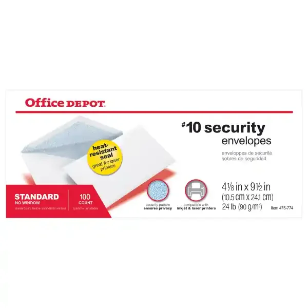 Office Depot Brand Security Inkjet/Laser Envelopes, 10, White