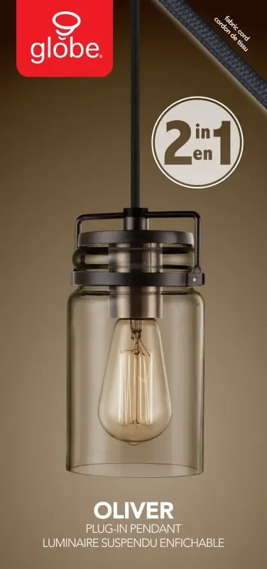 Oliver 1-Light Plug-In Or Hardwire Pendant Lighting – Dark Bronze With Antique Brass Socket