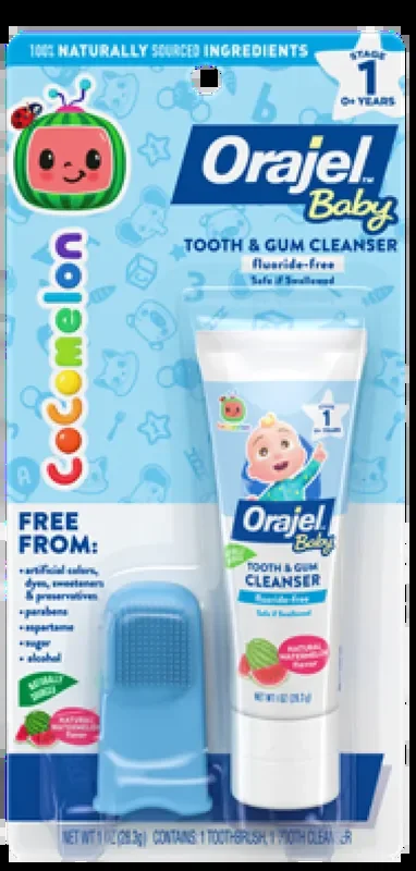 Orajel Baby CoComelon Tooth & Gum Cleanser Fluoride-Free, 1 Soft Finger Brush, 1 Toothpaste 1oz