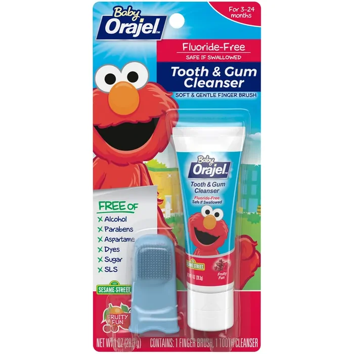 Orajel Elmo Fluoride-Free Tooth & Gum Cleanser with Finger Brush, Combo Pack, Fruity Fun Flavored Non-Fluoride, 1.0 oz.