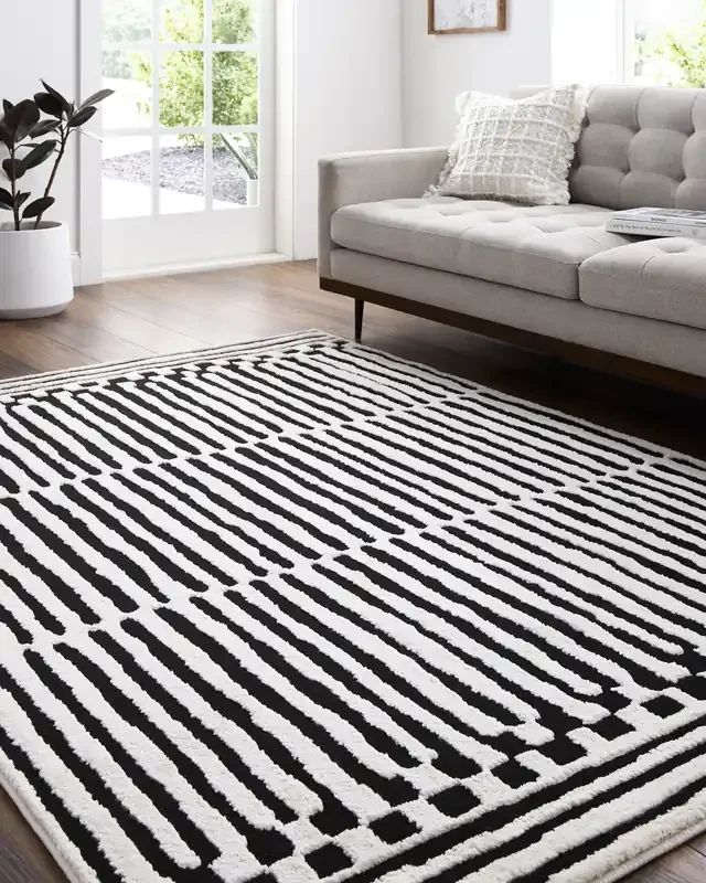 Origin 21 Obsidian Mirage 5 x 8 (ft) Loomed Onyx/White Rectangular Indoor Stripe Moroccan Pet Friendly Area rug