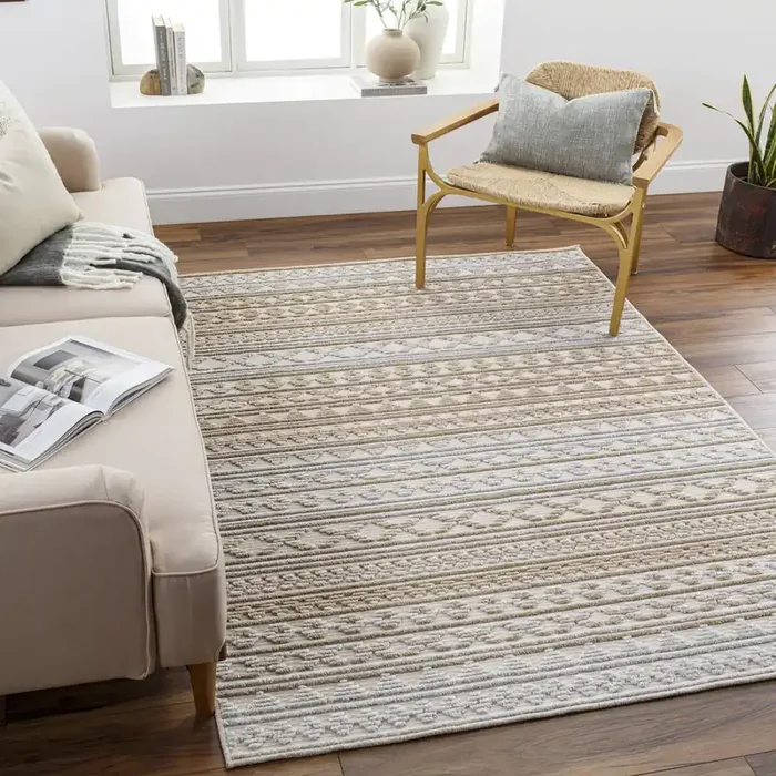 Origin 21 Scania Natural Tan 5 x 8 (ft) Loomed Tan Rectangular Indoor Ikat Mid-Century Modern Machine washable Pet Friendly Area rug