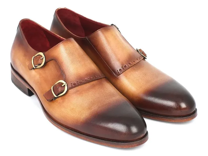 Paul Parkman Men’s Hand-Painted Leather Double Monkstraps in Brown & Camel