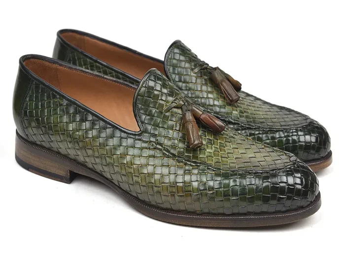 Paul Parkman Men’s Woven Leather Tassel Loafers in Green