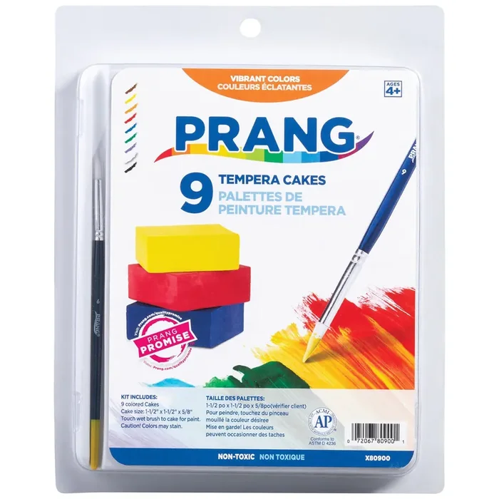 PRANG Tempera Cake Set With Brush, 9 Assorted Colors, 1 Count