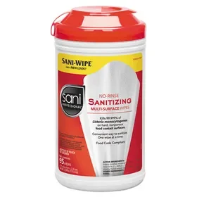 Sani Professional NICP56784 No-Rinse Sanitizing Multi-Surface Wipes, Unscented, White, 95/Container, 6/Carton, Price/CT