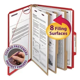 Smead SMD14095 Eight-Section Pressboard Top Tab Classification Folders, 8 SafeSHIELD Fasteners, 3 Dividers, Letter Size, Bright Red, 10/Box, Price/BX