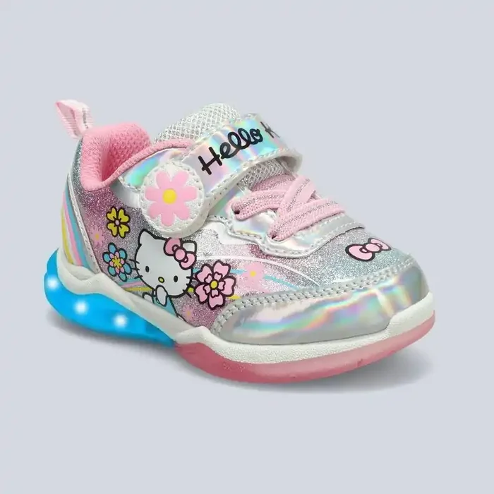 Toddler Hello Kitty Sneakers – 9T Hook & Loop Closure, Elastic Laces, Cat Pattern, Textured TPR Outsole