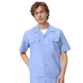 TOPTIE Light Blue Men Heavy Duty Work Shirt Short Sleeve Button Down 2 Pockets Industrial Utility Shirt