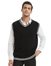 TOPTIE Men’s Sweater Vest, Black and White Trimmed V-Neck Soft Knit Pullover