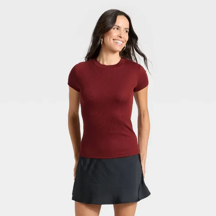 Women‘s Slim Fit Short Sleeve Ribbed T-Shirt – A New Day™ Maroon XL